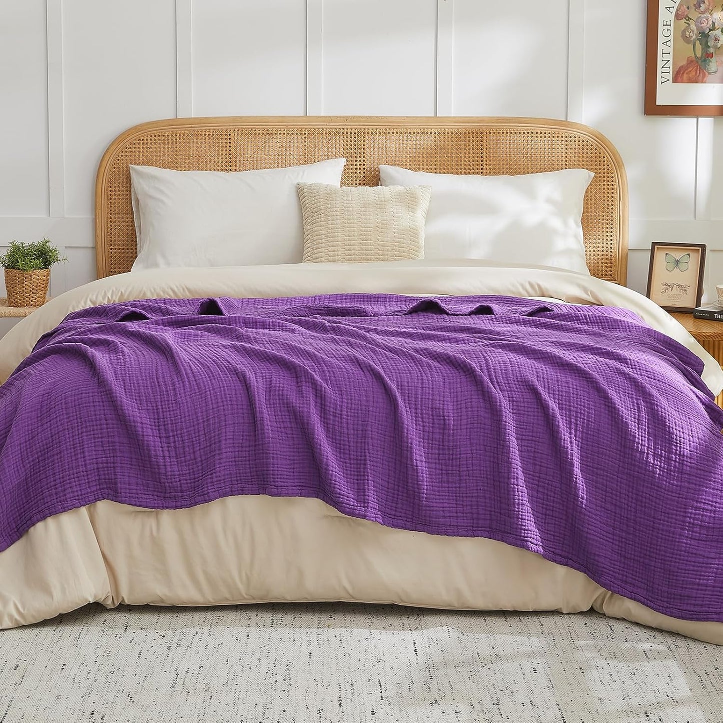 EMME Cotton Muslin Queen Blanket Bed Layering Breathable Gauze Blanket Soft Lightweight Blankets Adults (Purple, 90"x90")