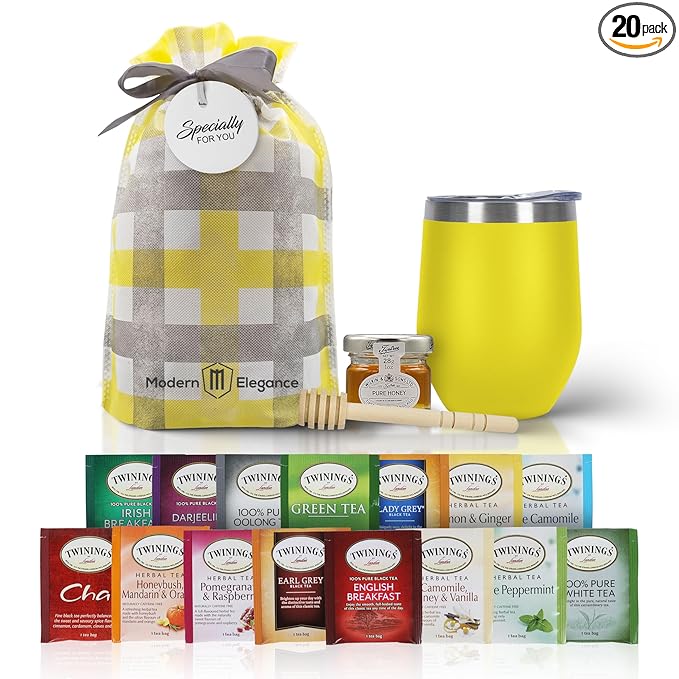 Tea Gift Set for Women & Men – Includes Assorted Teas, Elegant Mug & Honey (Yellow)