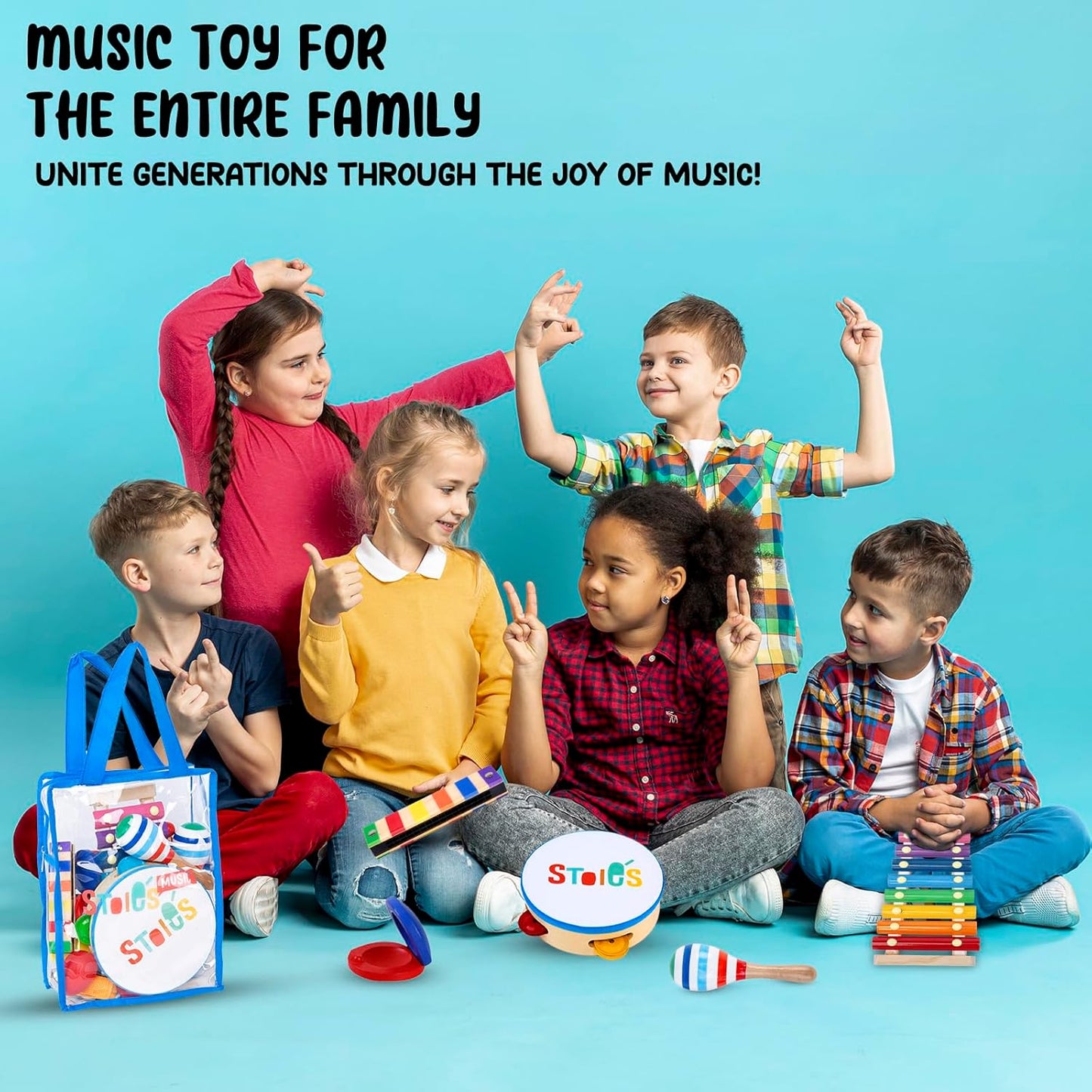 Stoie's Wooden Kids Musical Instruments for 1-5 Years Old, Baby Percussion Toys with Xylophone, Maracas, Tamburine, Durable, Safe to Play, Clear Loud Sound, Kid-Friendly Size, with a Storage Bag
