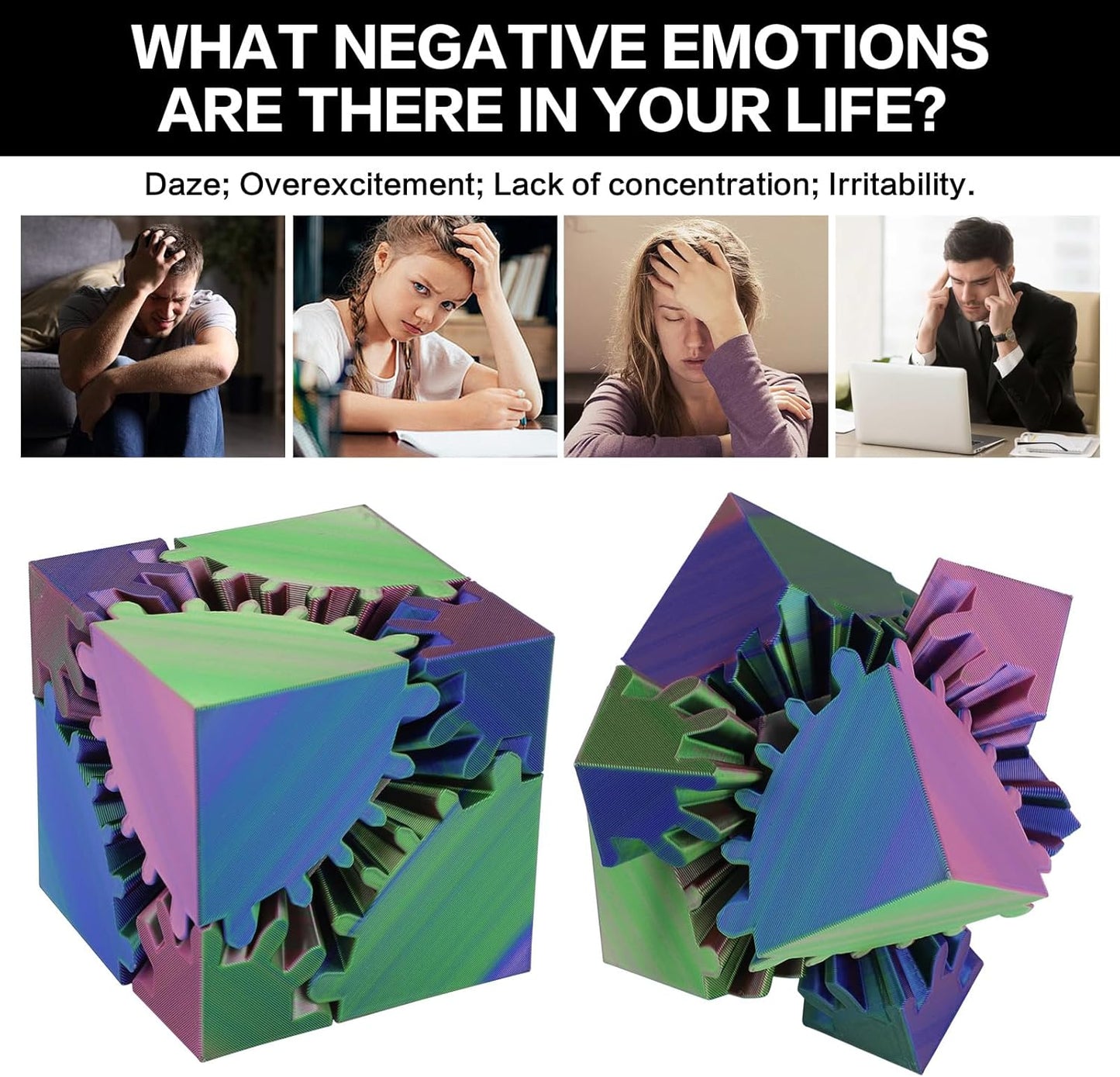 3D Printed Fidget Gear Cube - 3D Printed Cube Fidget Toy Gear, Fidget Toy, Cube Stress Anxiety Relief Toys, Relaxing Hand-Held Adults Desk Toy, for Families and Offices to Relieve Stress