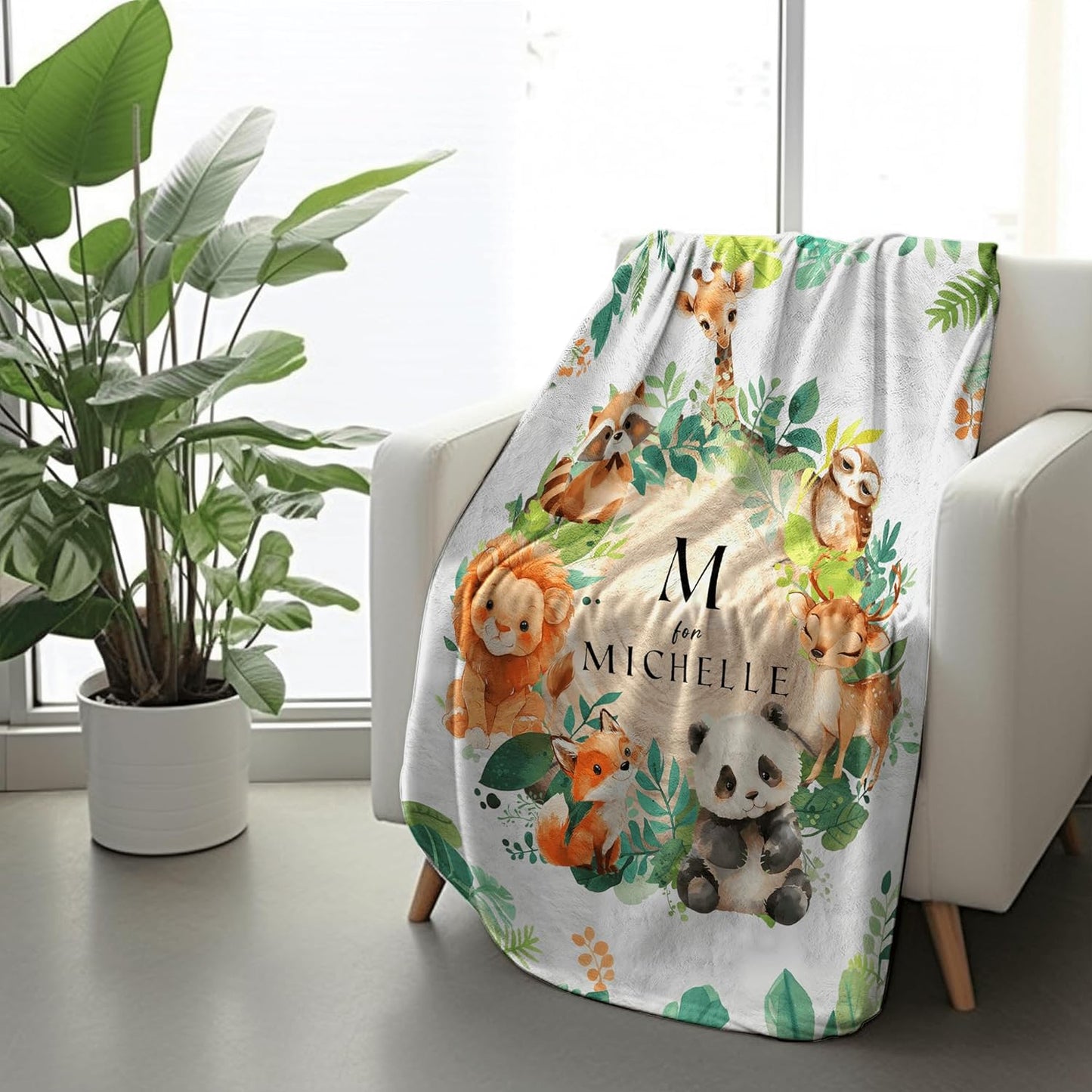 Jungle Safari Animals Greenery Monogram Baby Blanket, Personalized Custom Baby Throw Blanket with Name for Boys Newborn Son Daughter Grandson Granddaughter Toddler Birthday Bed Blanket