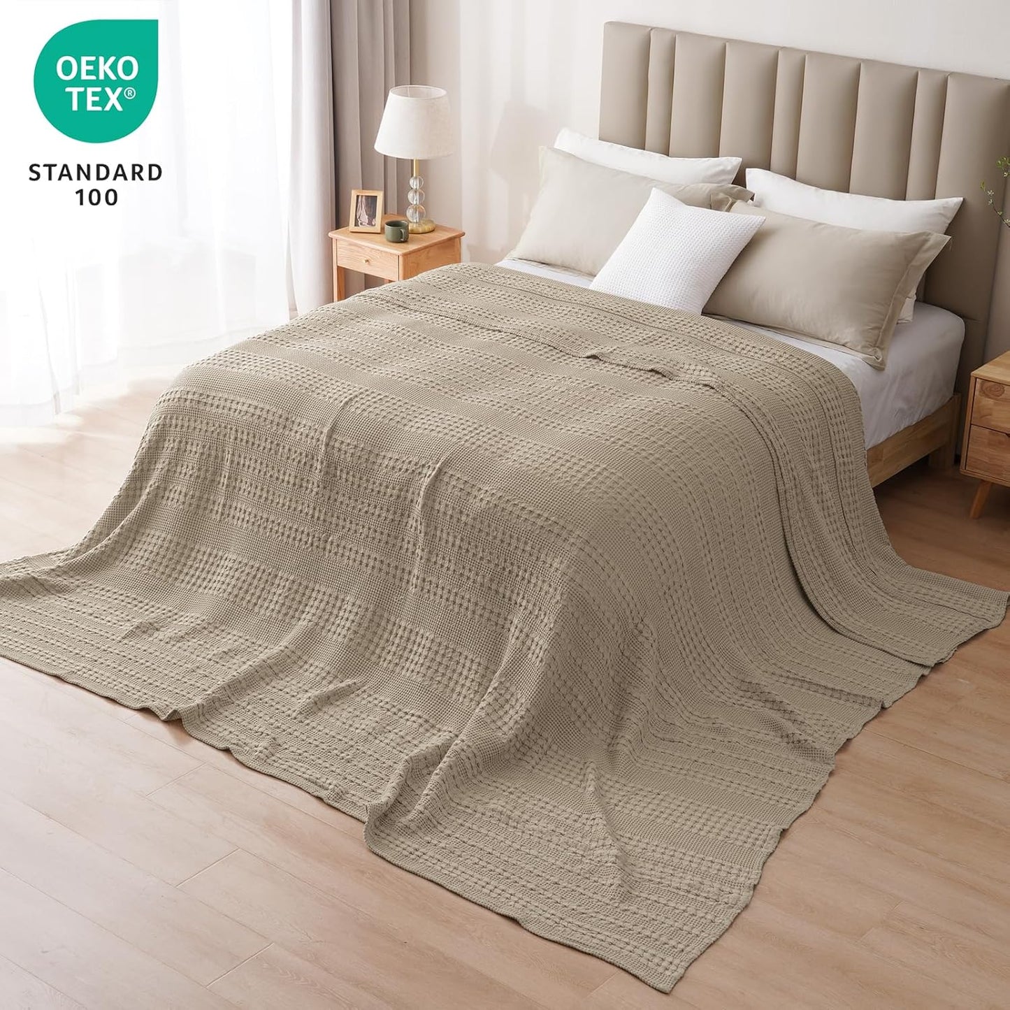 PHF 100% Cotton Waffle Blanket Oversized King 120"x120", Lightweight Breathable Extra Large 10'x10' Summer Blankets for Bed, Giant Big Luxury Aesthetic Woven Bedding for Home Decor, Simply Taupe