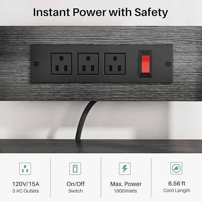 Baker Rack with Power Outlet - Microwave Stand with Storage, Large Coffee Bar Station with 14 Hooks, Metal Kitchen Shelf Rack for Spices, Pots (Rustic Grey)