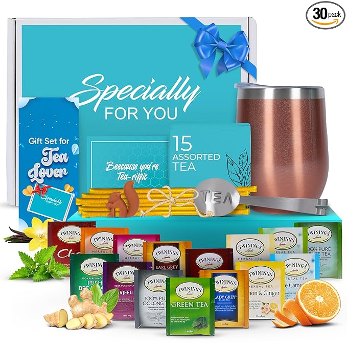 Modern Elegance Tea Tumbler Gift Set – Includes Tea Bag Holder, Spoon, Honey Straw, 15 Assorted Flavor Blends & Hot & Cold 12oz Insulated Tumbler – Ideal for Holiday Gift for Tea Lovers – Rose Gold