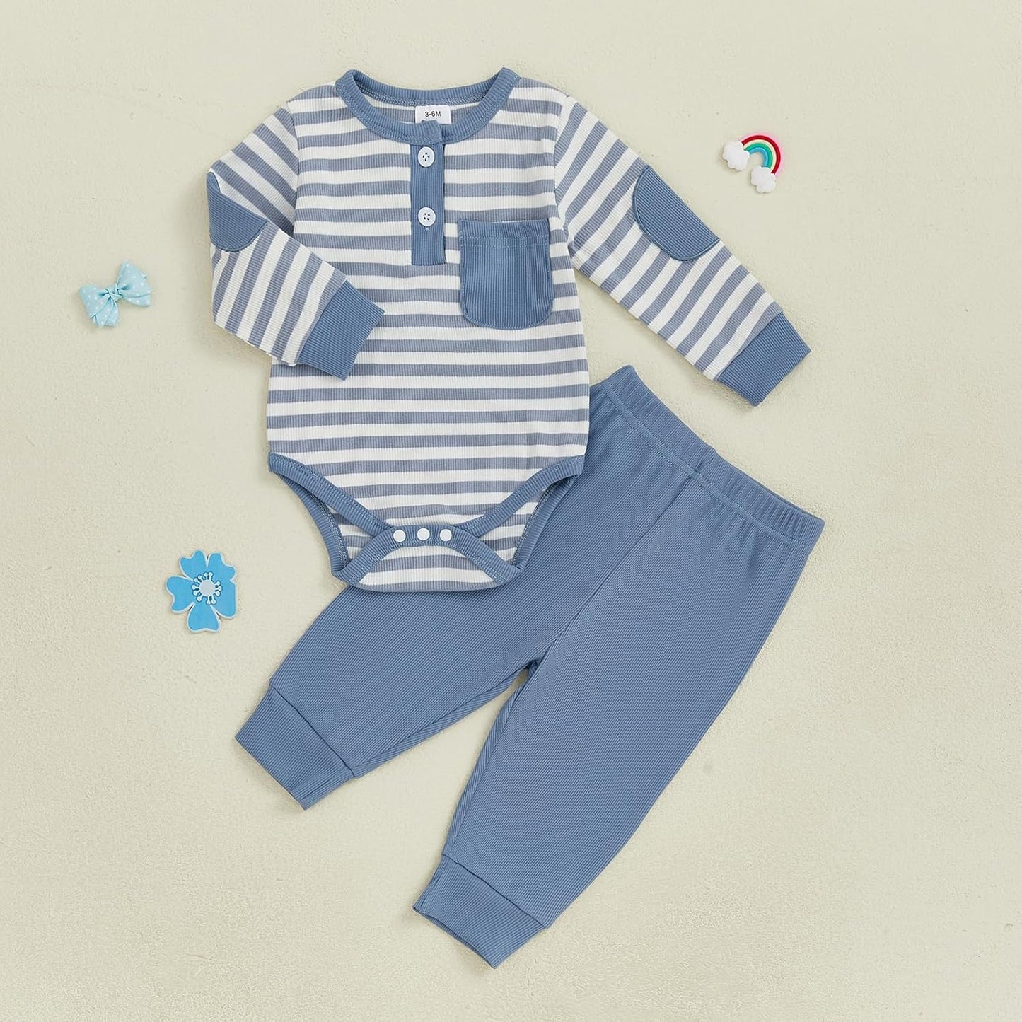 fhutpw Baby Boy Clothes 3 6 12 18 Months Ribbed Knitted Long Sleeve Romper and Pants Sets Newborn Fall Splicing Color Outfits