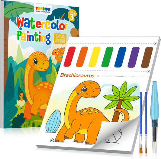 TECJOE Paint with Water Coloring Books for Toddlers, Dinosaur Series Watercolor Set with 3 Brushes, Mess Free Painting Activity for Kids Ages 4 5 6 7 8, Christmas Gifts Arts & Crafts Toy