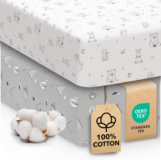Sweety Fox 2-Pack Crib Sheets - Soft Cotton Jersey Fitted Sheets for Boys and Girls, Mini Crib Sheets, Toddler Bed Sheets (Woodland)