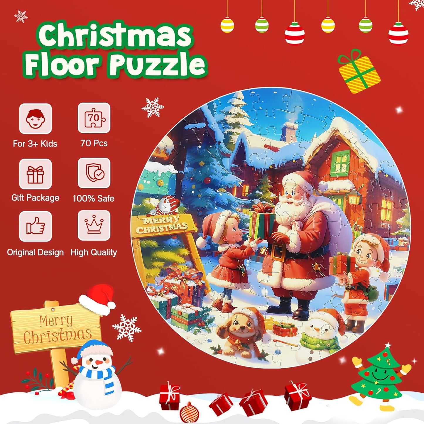 Christmas Puzzles for Kids Ages 4-6, Kids Puzzles with Santa Claus & Snowman,70 Piece Round Large Floor Puzzles for Kids Ages 3 4 5 6 7 8, Educational Toy Gift Jigsaw Puzzles for 5 Year Old Boys Girls