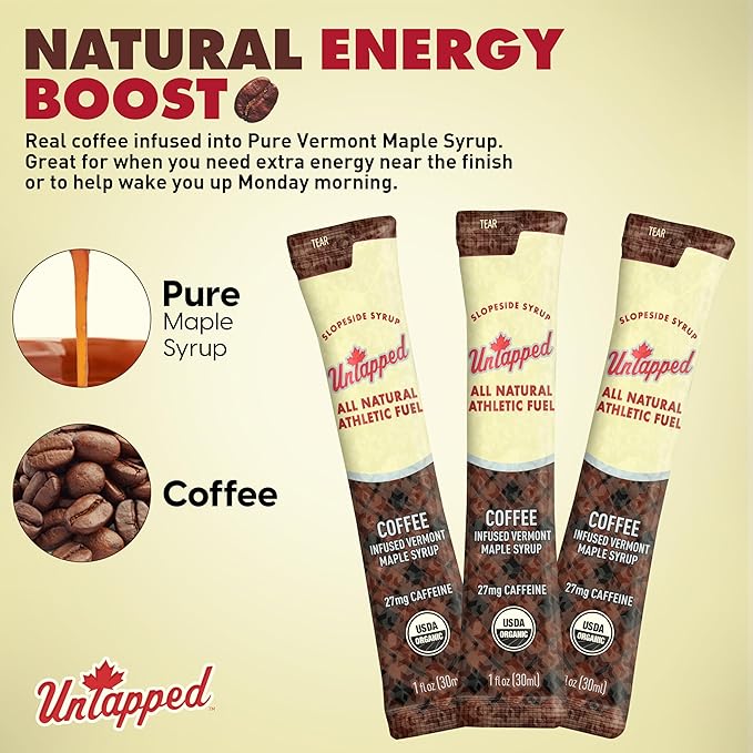 UnTapped Coffee Infused Vermont Maple Syrup Packets for Athletes, Box of 20-1 fl oz | Pure Maple Syrup with Organic Coffee for Natural Endurance Energy | Fuel to Keep You Running Longer