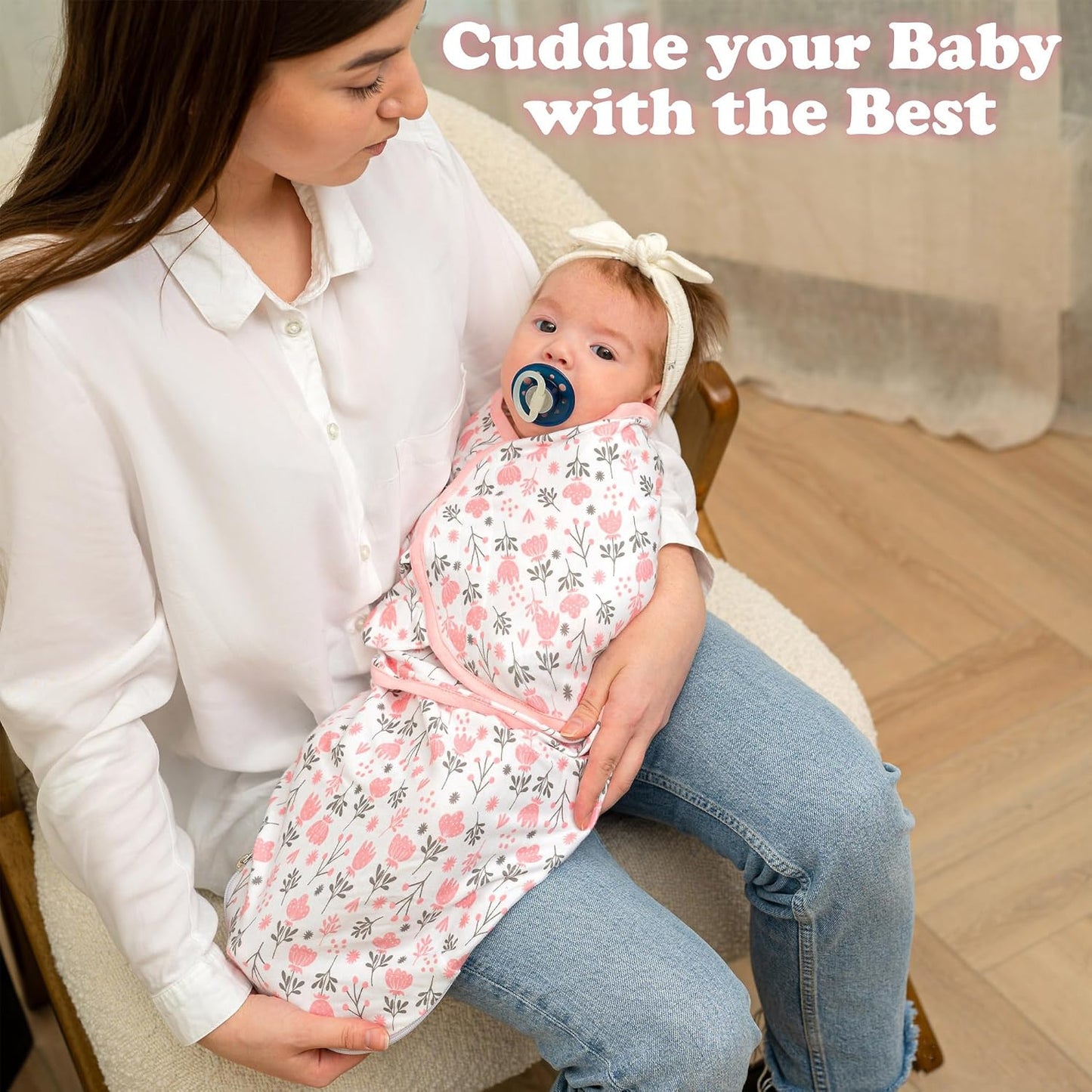 Bublo Baby Organic Swaddles for Newborns – Zipper Swaddles 0-3 Months, 3-Pack – Infant Sleep Sack with Zipper – Adjustable & Breathable Swaddle Blanket Wrap for Newborn Girls, Pink Flowers