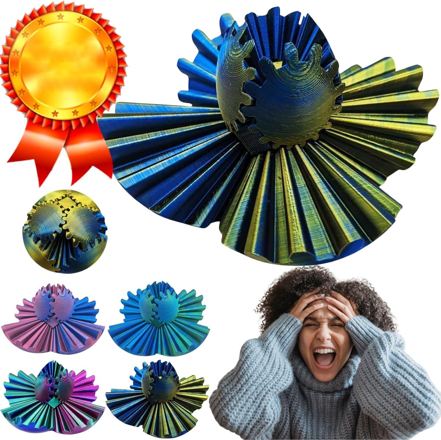 Gear Ball for ADHD 3D Printed Gear Ball Steampunk Whirling Wonder Fidget Toy Gearsphere Gear Ball for Stress and Anxiety Relaxing Fidget Ball Ideal for Sensory Needs and Autism (Laser Yellow Blue)