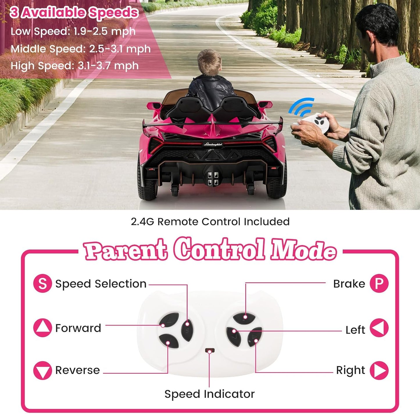 Costzon Pink Lamborghini Ride on Car, 12V Battery Powered 4WD Lambo Kids Car with Remote Control, 3 Speeds, Dual Doors, LED Lights, Horn, Music, Licensed Electric Vehicle for Toddlers Girls Kids Gift