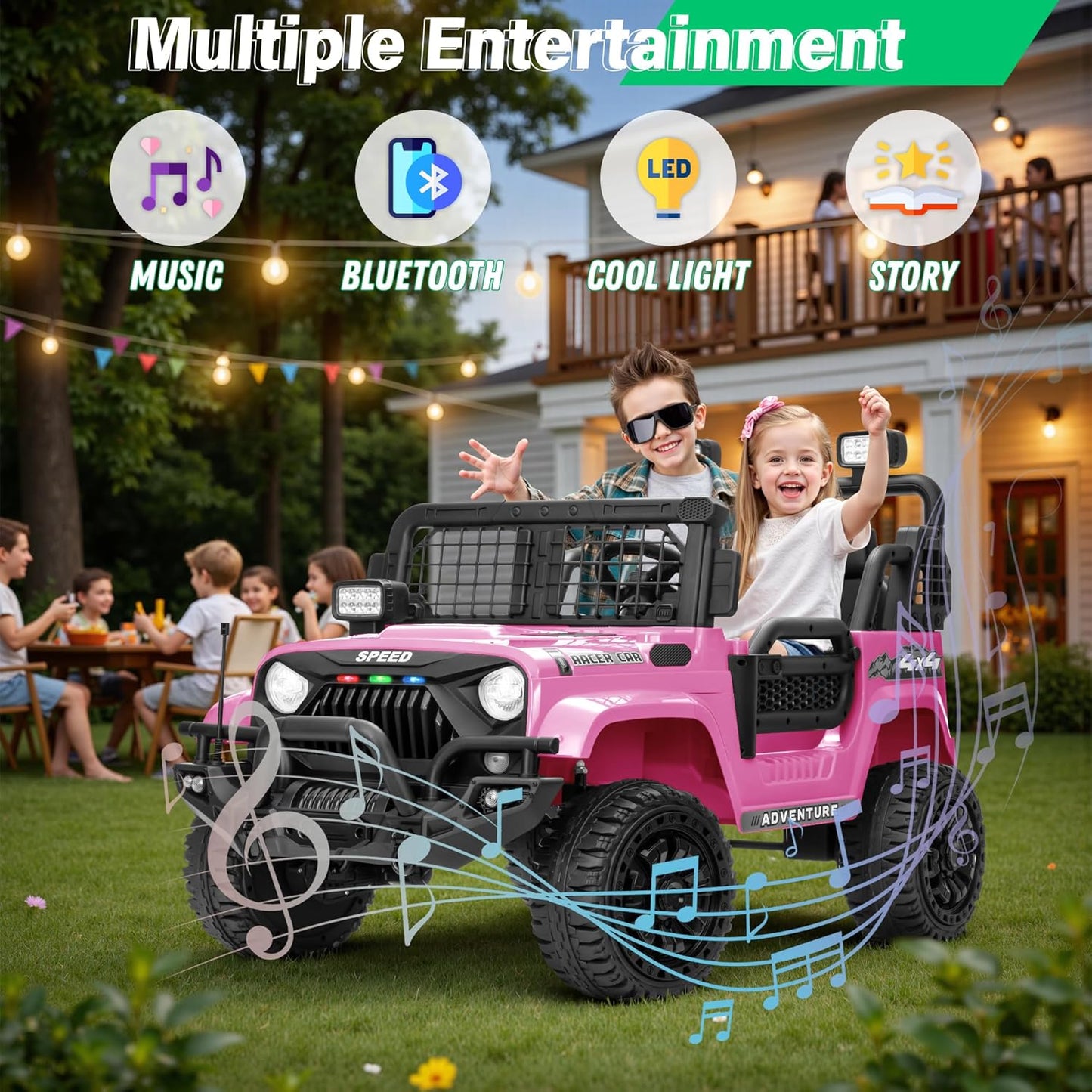 2 Seater Ride On Car Truck with Remote Control XL, Kids 24V Battery Powered Electric Vihicle w/21 in Seat, 3 Speeds, 2WD/4WD Switichable, Shock Absorbers,Bluetooth, Flower, Gift Choice