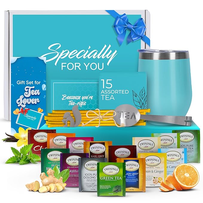 Modern Elegance Tea Tumbler Gift Set – Includes Tea Bag Holder, Spoon, Honey Straw, 15 Assorted Flavor Blends & Hot & Cold 12oz Insulated Tumbler – Ideal for Holiday Gift for Tea Lovers – Teal