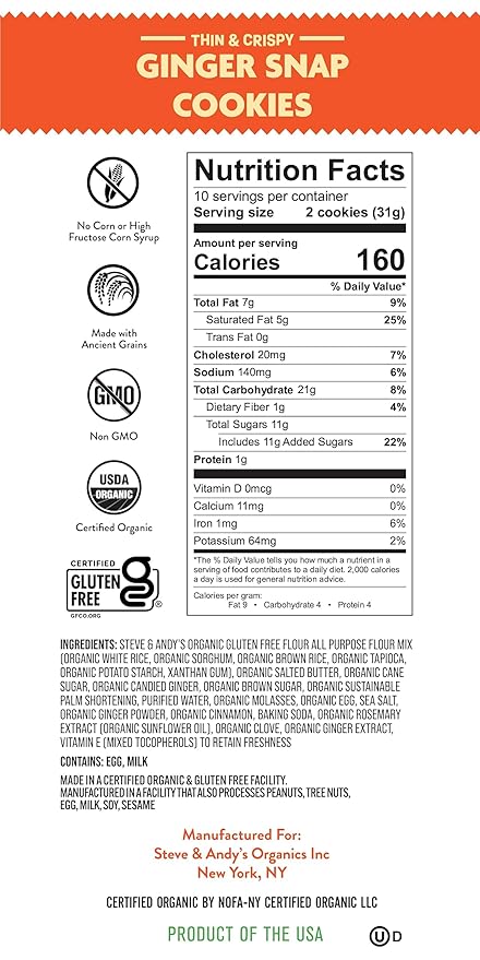 Steve & Andy’s Thin, Crispy & Scrumptious Ginger Snap Cookies - Organic & Gluten Free, Non-Gmo, Nut Free, Wheat Free, Soy Free - 6 Boxes, 33 Oz (60 Cookies)