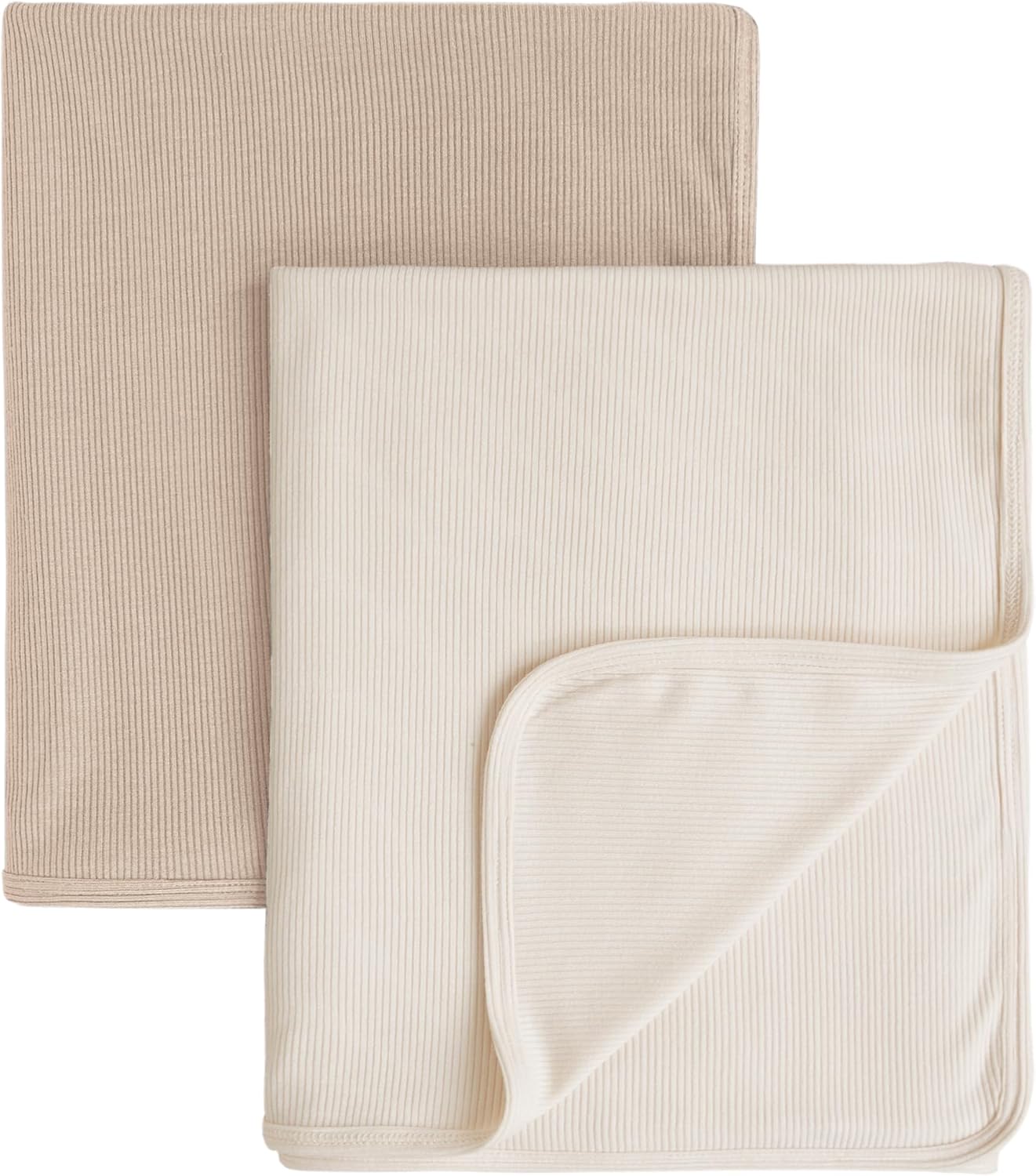 Konssy Knit Baby Blanket 2 Pack, Soft Ribbed Swaddle Receiving Blankets for Boys & Girls, Lightweight Cozy Swaddling Wrap for Newborns, Infants, & Toddlers, 33x42 Inch (Camel, Beige)