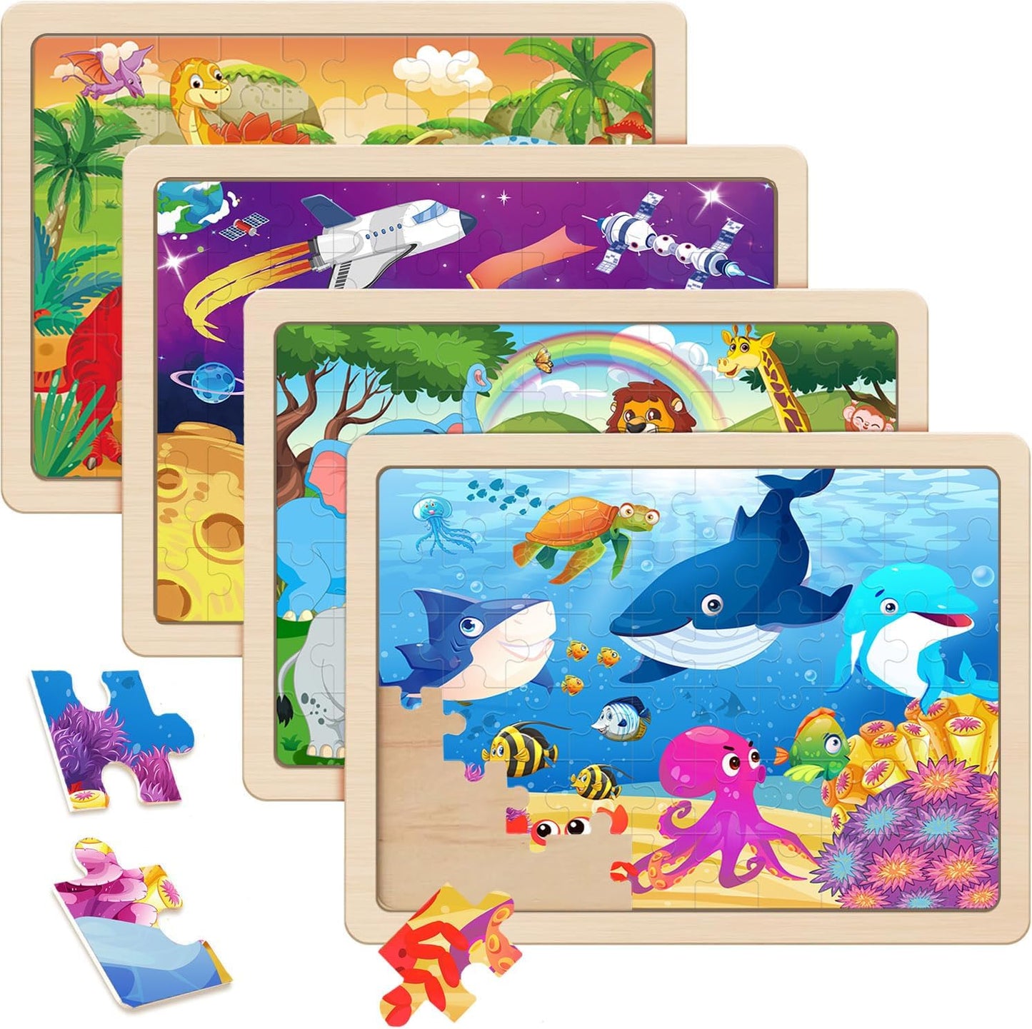 Wooden Puzzles for Kids Ages 4-6, 4 Packs 60 PCs Animal Dinosaur Jigsaw Puzzles for Children Ages 4-8,Preschool Educational Puzzles Boards Toys Gifts for Boys Girls