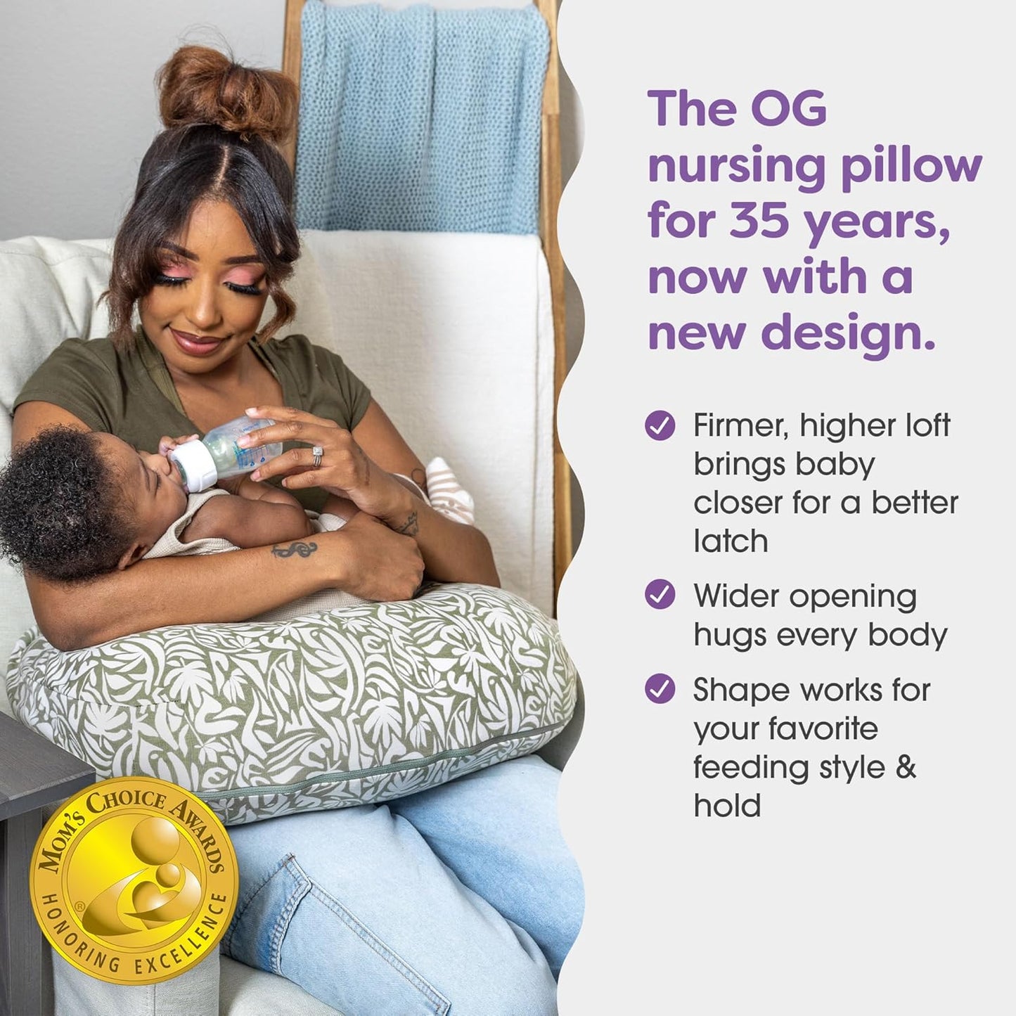 Boppy Nursing Pillow - Ergonomic Bottle & Breastfeeding Pillow, Higher, Firmer & Larger, Water-Repellent with Washable Organic Cotton Cover, Baby Safety Alliance Verified - Green Cut Out Leaves