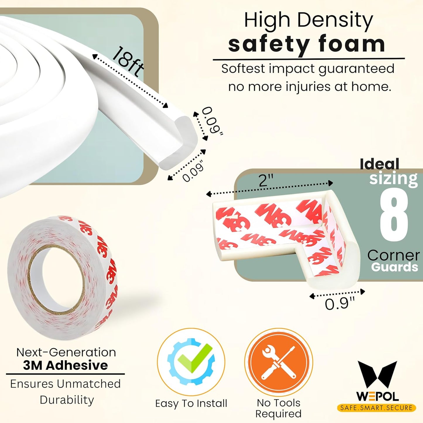 Table Edge Protector for Baby Proofing (18ft Edge+8 Corners) Baby Proof Corners and Edges Guard, Soft NBR Rubber Foam 3M Adhesive, Furniture Corner & Edge Safety Bumpers for Table & Fireplace-White