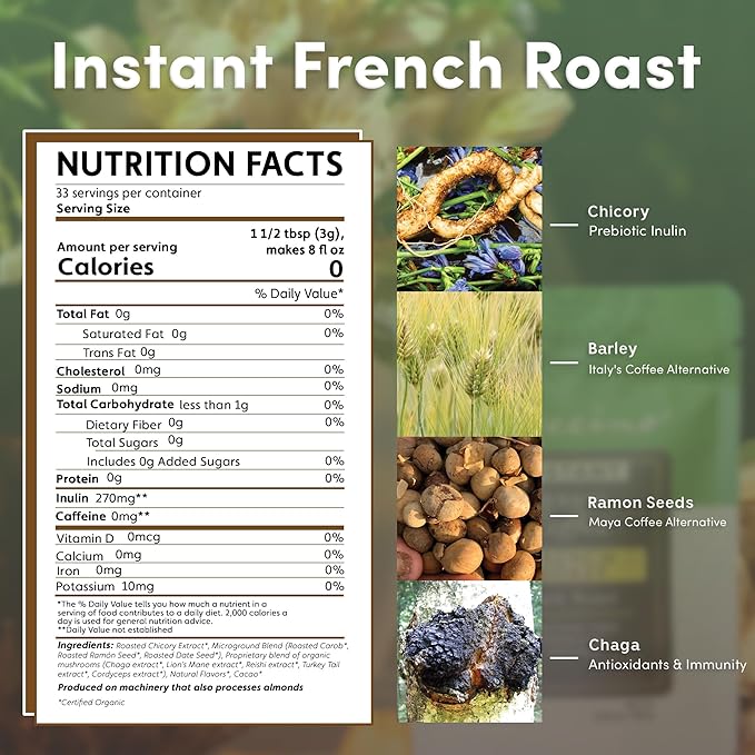 Teeccino Instant Organic French Roast Herbal Coffee – 33 servings – Instant Chicory Coffee Alternative with Microground Ramón Seeds That’s Prebiotic, Caffeine-Free & Acid Free - 3.53 ounces