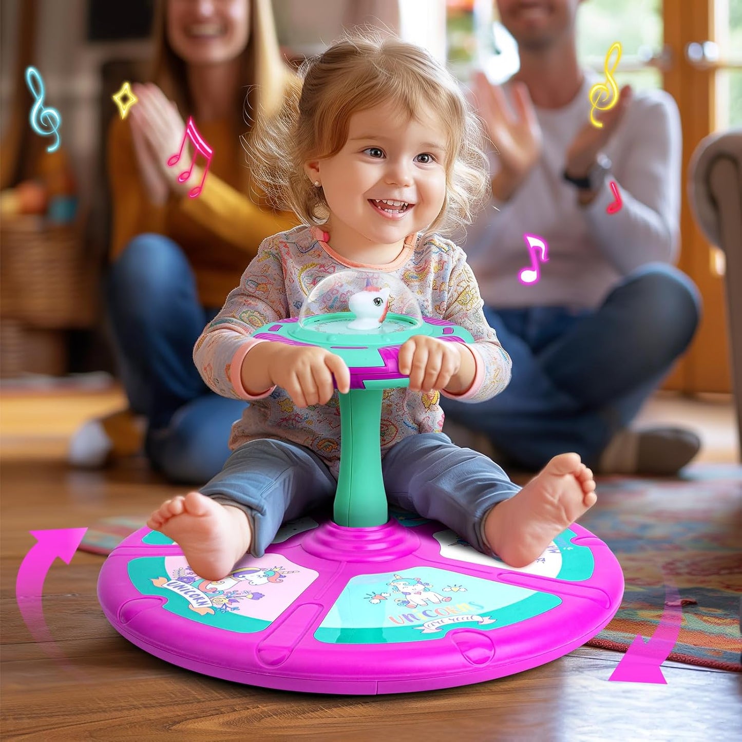 Unicorn Sit and Spin Toy Birthday Gift for 2 3 4 Years Old Girl - Toy for Toddler Girl Ages 1-3 2-4, Kids 360° Spinning Seat with LED & Music, Indoor Active Play Early Development Toys