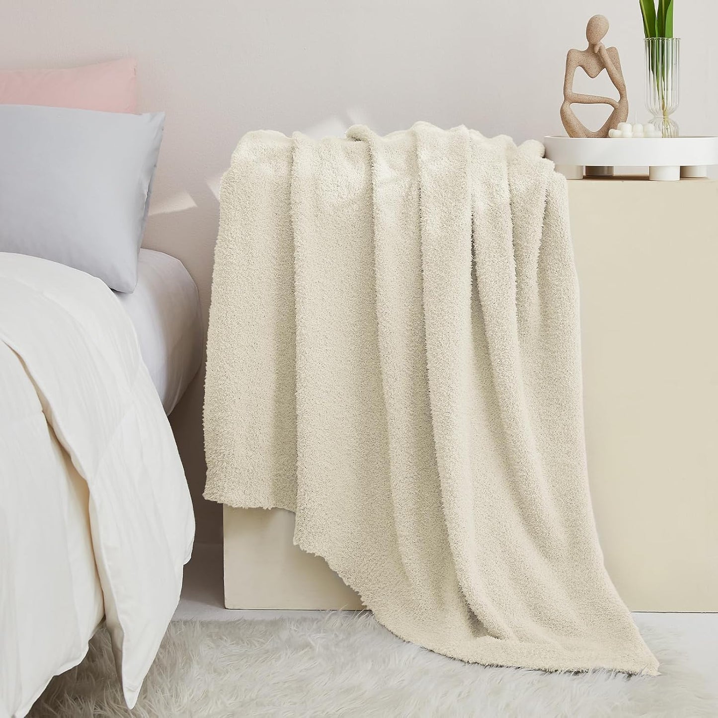 CYMULA Super Soft Knit Throw Blanket Throw Size Beige - Lightweight Plush Fuzzy Fluffy Warm Cozy Blankets and Throws for Sofa Bed All Season Use, 50x60 inches