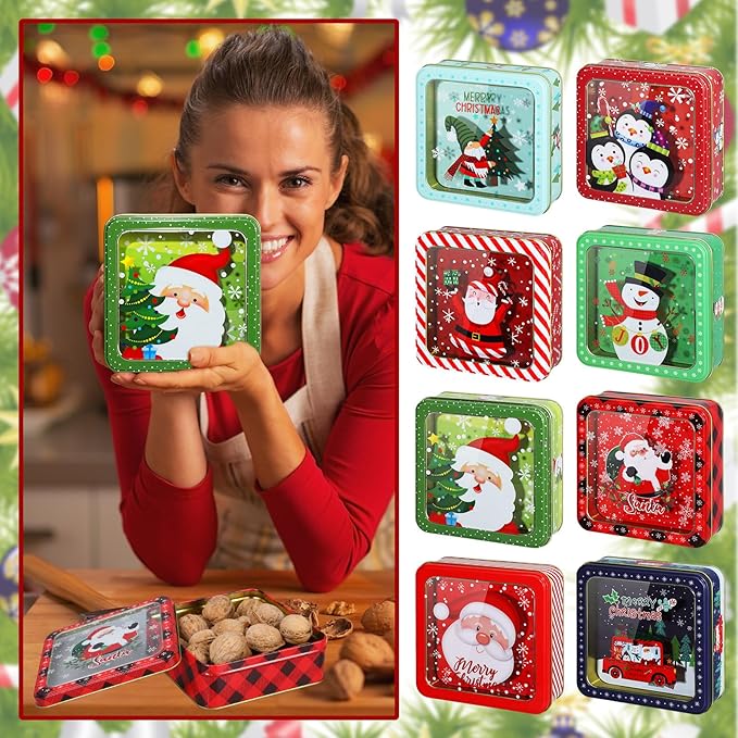 Tioncy 8 Pcs Christmas Cookie Tins with Lids Large Cookie Boxes Metal Empty Tins Santa Tinplate Xmas Gift Box for Christmas Holiday Candies Treats Storage Container (Classic)