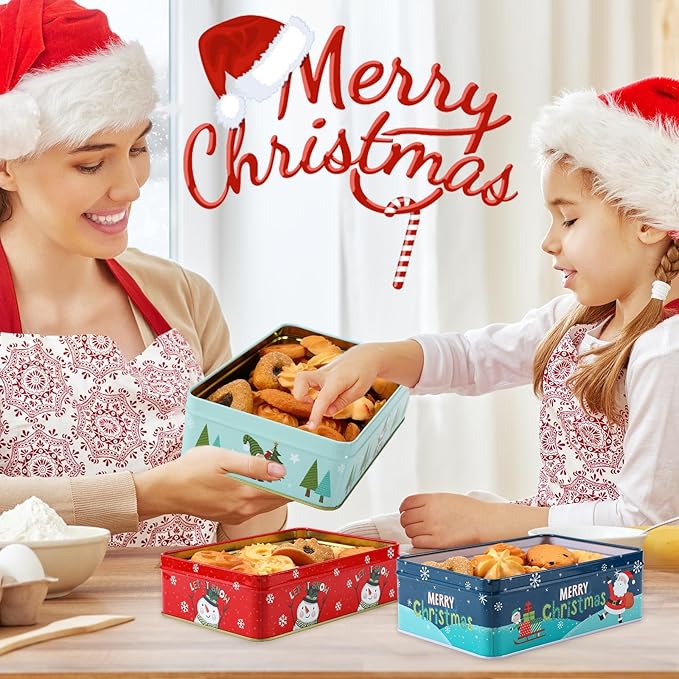 Tioncy 8 Pcs Christmas Cookie Tins with Lids Large Cookie Boxes Metal Empty Tins Santa Tinplate Xmas Gift Box for Christmas Holiday Candies Treats Storage Container (Novel)