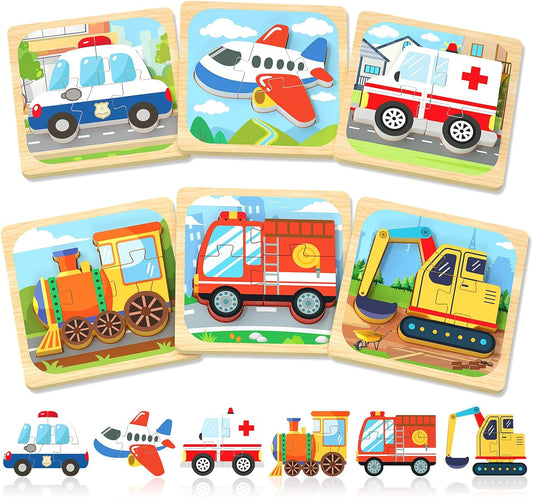 Benresive Wooden Toddler Puzzles, Montessori Toys for 1 2 3 Year Old Boys, Toys for 1 2 3 Year Old Boy Birthday Gifts, 6 Pack Vehicle Toddler Learning Educational Puzzles