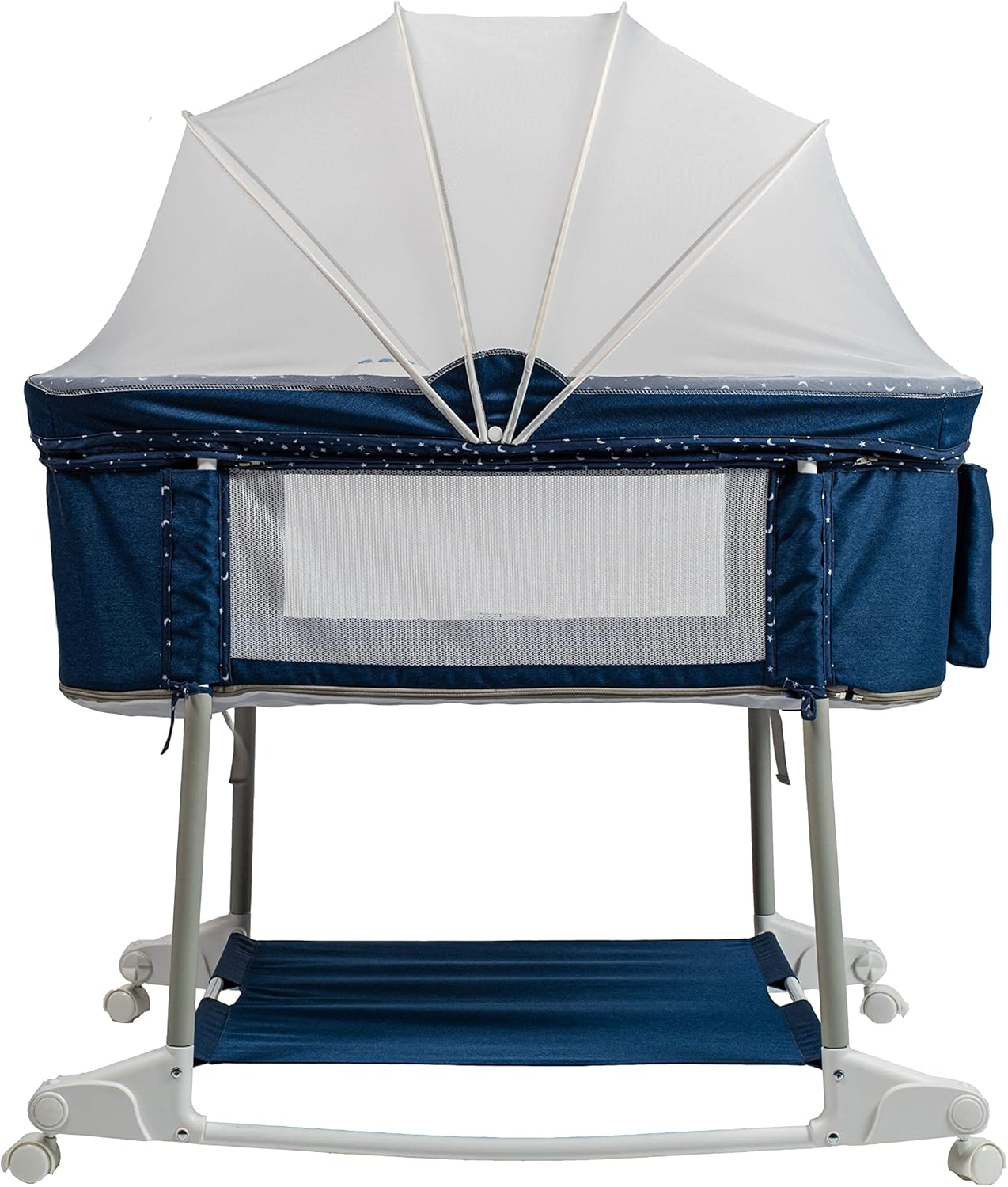 Newborn Portable Bassinet on Wheels for Baby 3 in 1 Bedside Sleeper Rocking Crib Playard with Breathable Mesh Cover Detachable Mosquito Net and Music Box Multi Mode(Navy Blue)