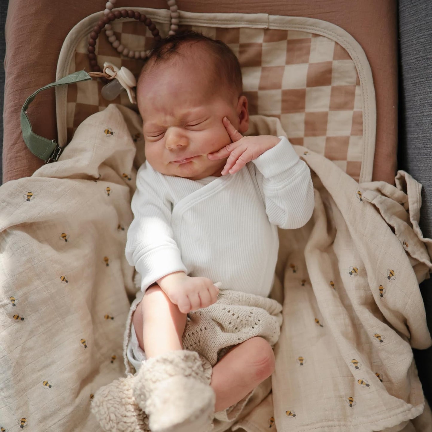 mushie Waterproof Changing Pad Liners | 100% Organic Cotton | Set of 3 (Natural Check Combo)