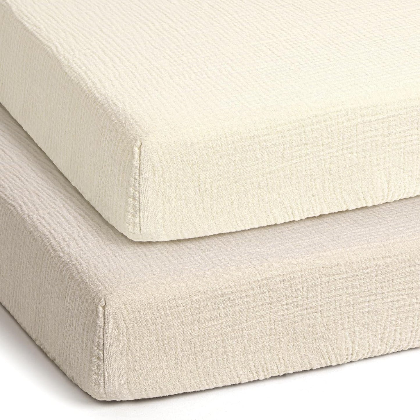 lulumoon Baby Muslin Crib Sheets - Toddler Cotton Fitted Crib Sheets Neutral for Boys and Girls 2Pack (White & Cream, for Baby Trend Pack N Play)