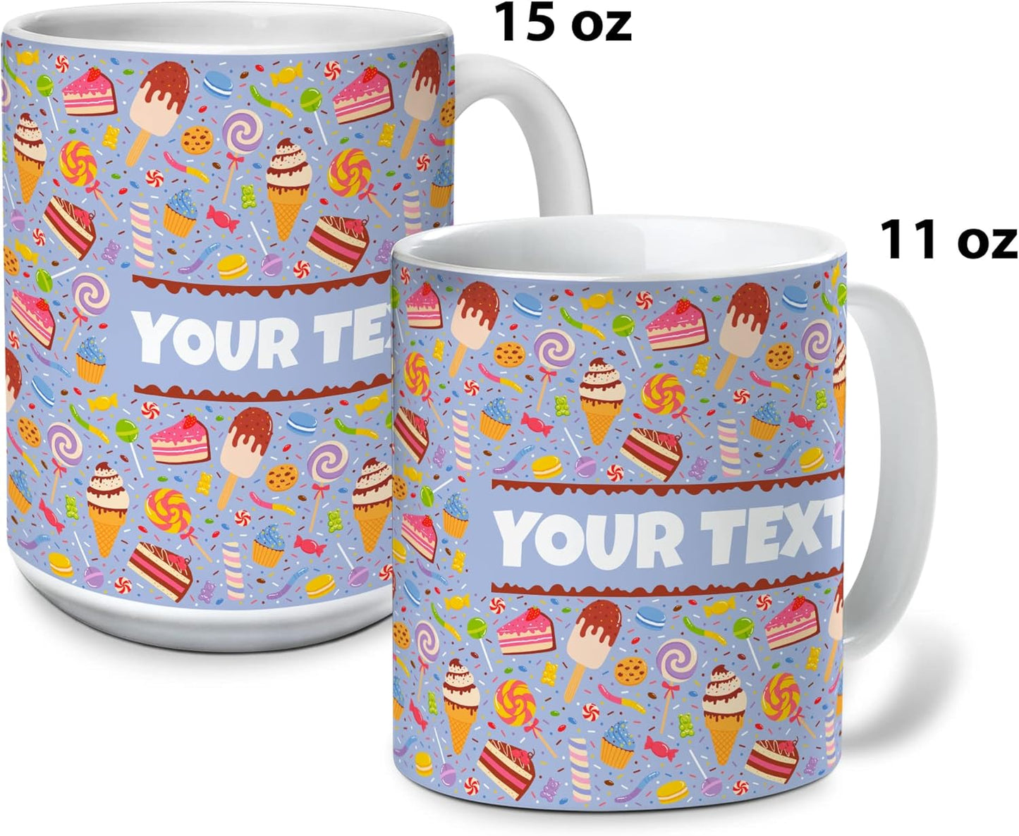 Personalized Mug for Kids - Sweets - Custom Name/Text, Ceramic Hot Chocolate/Cocoa/Coffee Cup for Boys/Girls, Birthday/Christmas/Holiday Gift - 11 oz, White Handle