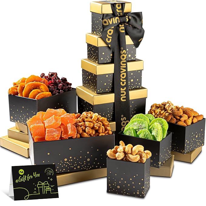 NUT CRAVINGS - Thanksgiving Dried Fruit & Mixed Nuts Gift Basket, in Black Tower + Ribbon (8 Assortments) Holiday Xmas Christmas Food Arrangement, Healthy Snack Care Package