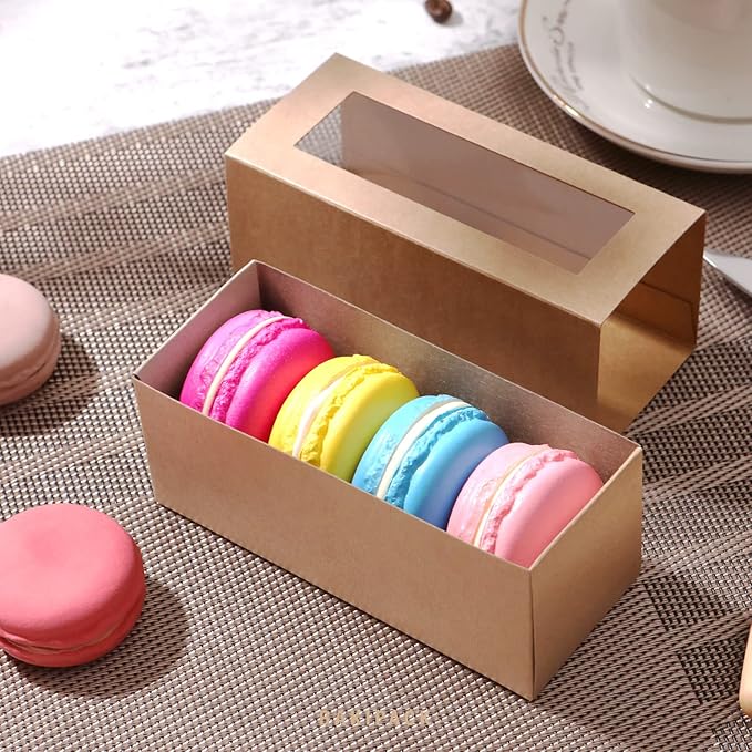 BAKIPACK 30 Kraft Macaron Gift Boxes, Macarons Box with Clear Window (4.8" x 1.9" x 1.9") - Valentine's Day