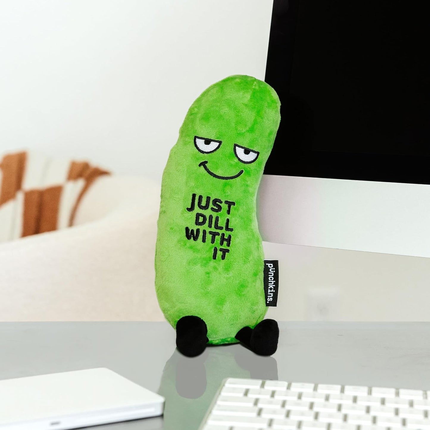 Pickle Foodie Plushie, Funny Pun Meme Gag Gift, White Elephant, Stocking Stuffer Present, Great for Emotional Support, Fun Desk Accessory, Weighted Base for Display