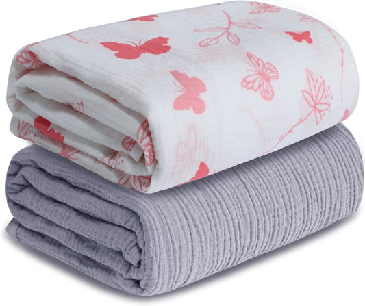 Muslin Swaddle Blankets for Newborn, 2 Pack Breathable Soft Receiving Blanket, Large 41 x 41 inches Swaddle Wrap Burping Clothes, Essentials Infant Shower Items. (Gray & Pink Butterfly)