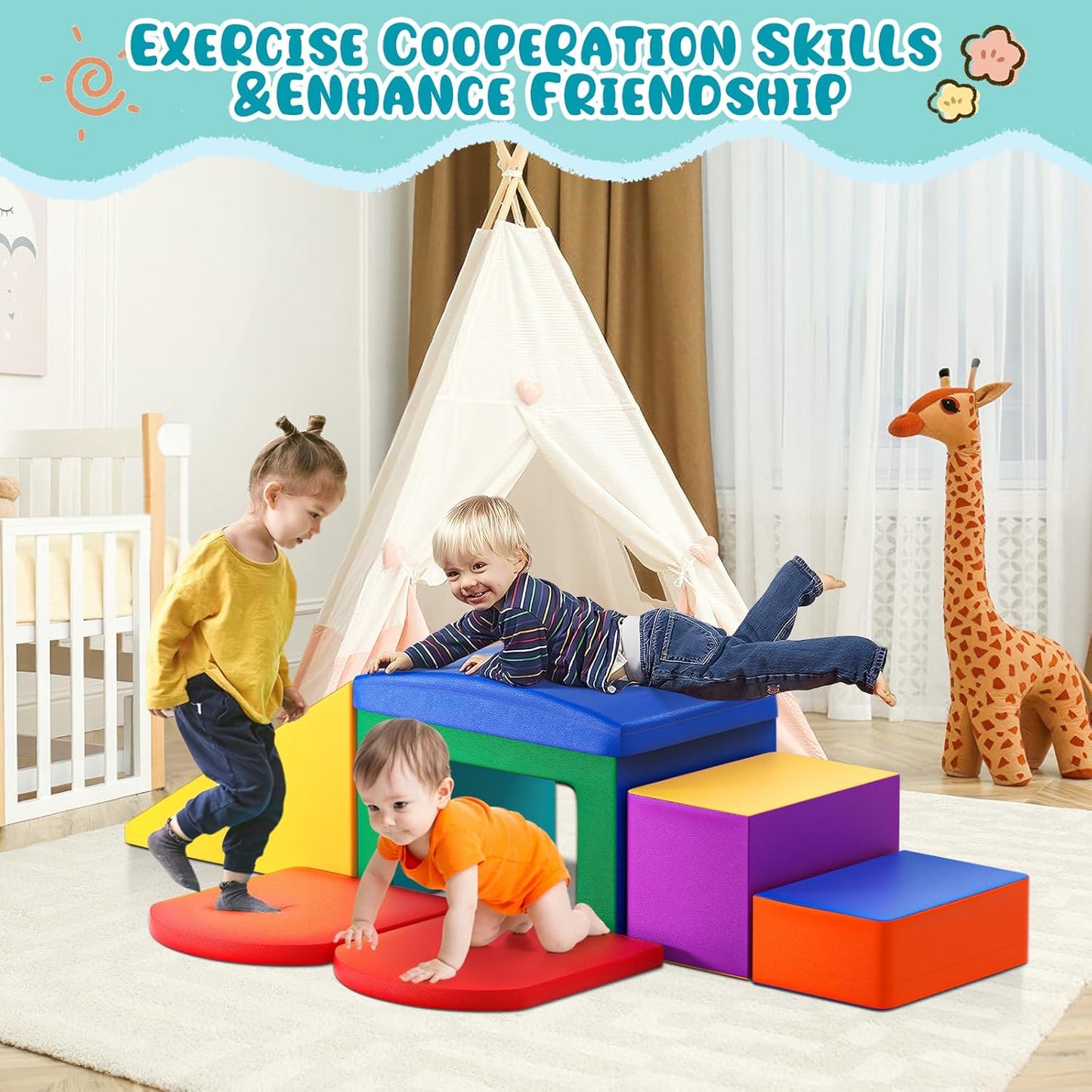 Lischwert Indoor Soft Foam Climber Play Sets, Toddler Climbing Toys Indoor with Slide Stairs and Ramp Indoor Climbing Toys for Kids and Children,6 Pieces Colorful