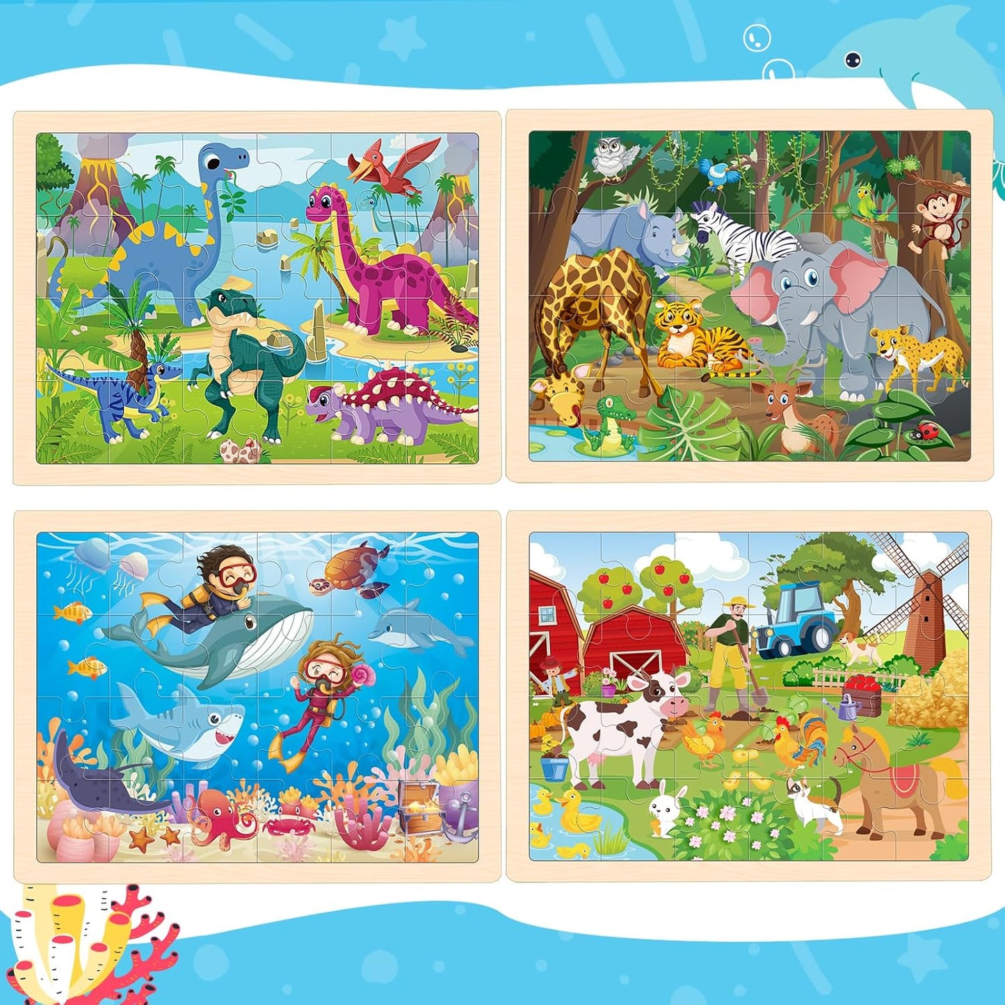 4 Packs Puzzles for Kids Ages 4-6, Wooden Animals Jigsaw Puzzles for Toddlers Ages 2-4, Preschool Educational Puzzles Boards Toys Gifts for 3 4 5 6 Boys Girls