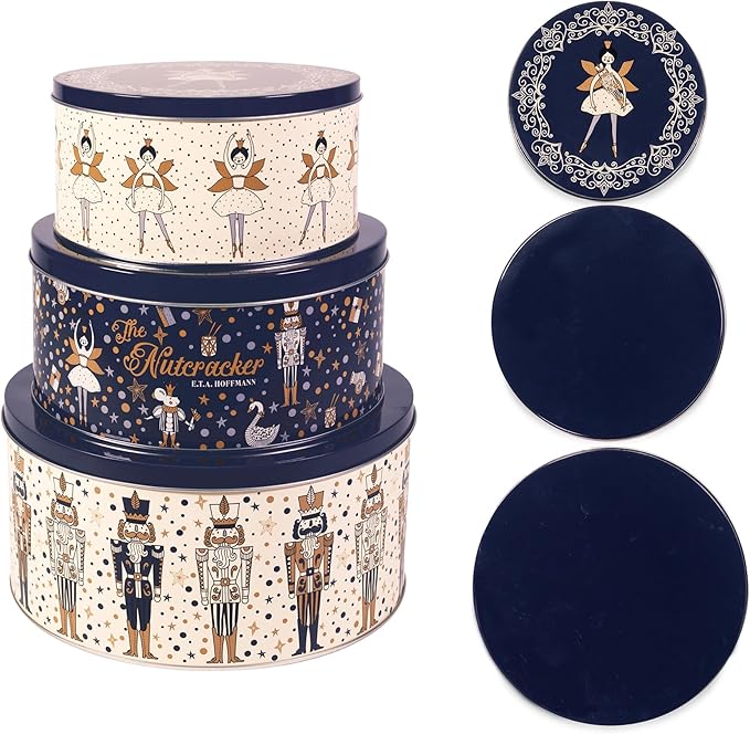 Steel Mill & Co Tin Containers with Lids, 3 Pack Christmas Cookie Tins, Festive Cookie Tins for Gift Giving & Holiday, Large Medium Small (The Nutcracker)