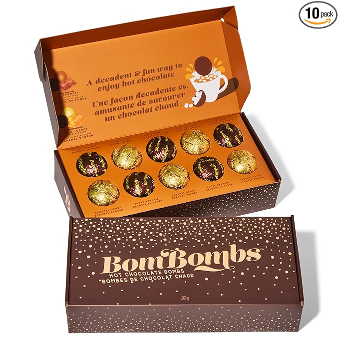 Bombombs Hot Chocolate Bombs, Classic Milk Chocolate Cocoa Bomb Gift Set, Includes 2 Flavors; Caramel Candy and Fudge Brownie Filled with Mini Marshmallows, Set of 10