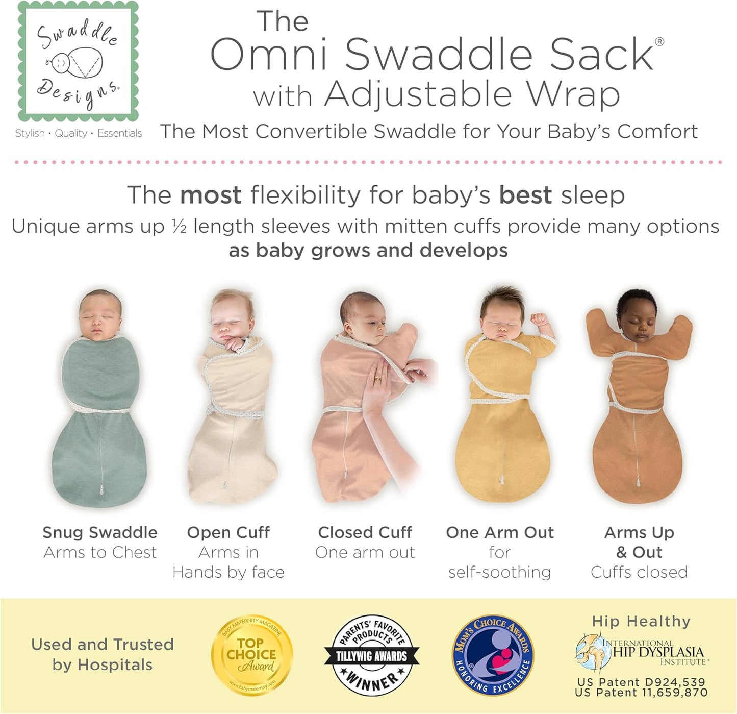 SwaddleDesigns 6-Way Omni Swaddle Sack Arms Up Swaddle for Newborn, More Options to Calm Startle Reflex, Improves Sleep