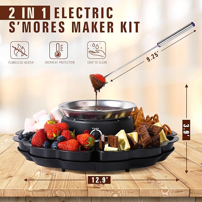 2 In 1 Smores Maker & Fondue Set, Tabletop Indoor Smores Kit, Marshmallow Roaster with Temp Control, 4 Detachable Trays & 4 Roasting Forks and 1 Heated Bowl, Movie Night Supplies & Housewarming Gifts