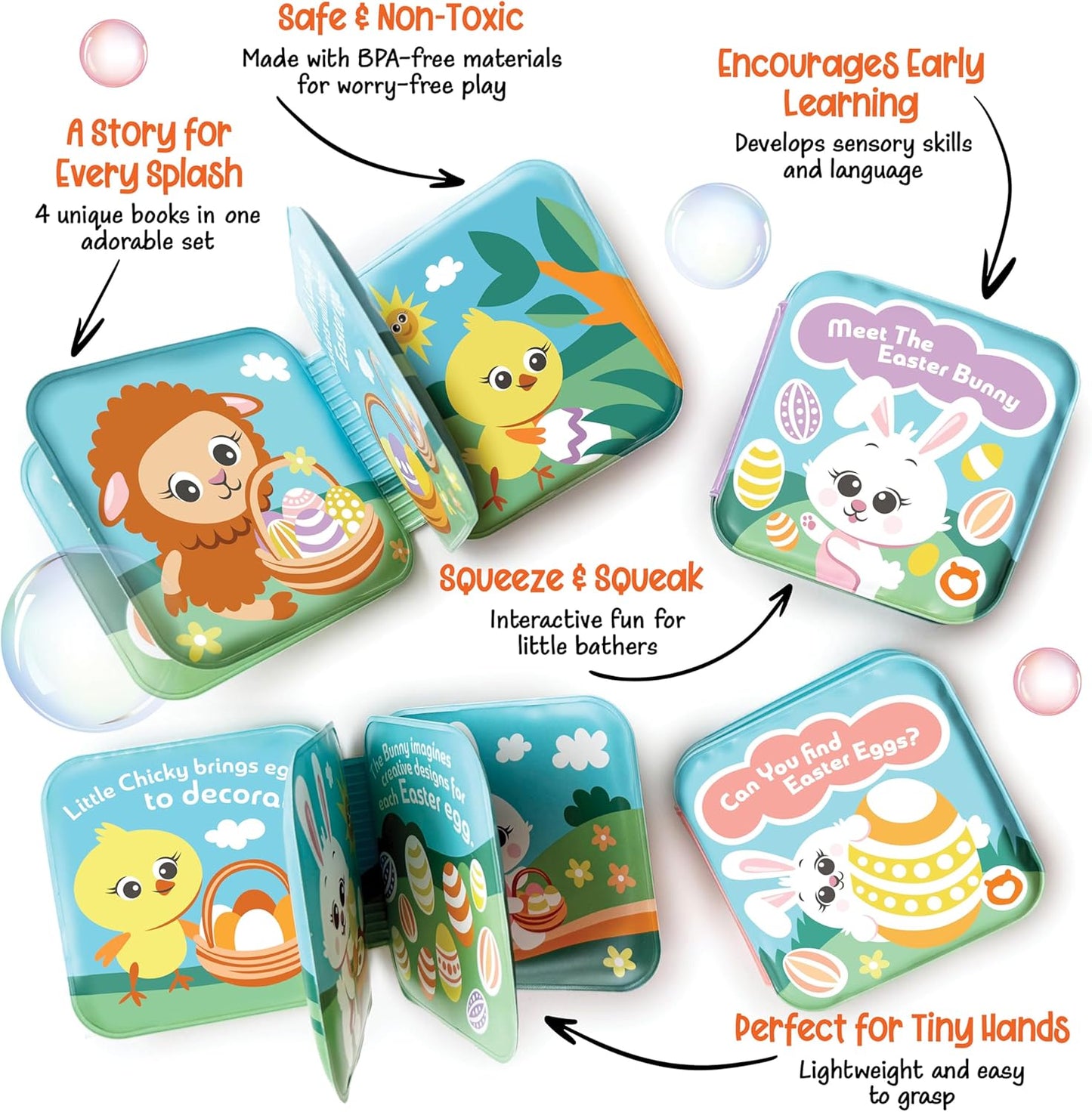 Easter Bath Book Set for Babies & Toddlers – 4 Colorful, Soft, and Waterproof Bath Books with Bunny & Animal Friends – Fun Bath Toys & Basket Stuffers – Perfect for Easter & Baby Showers