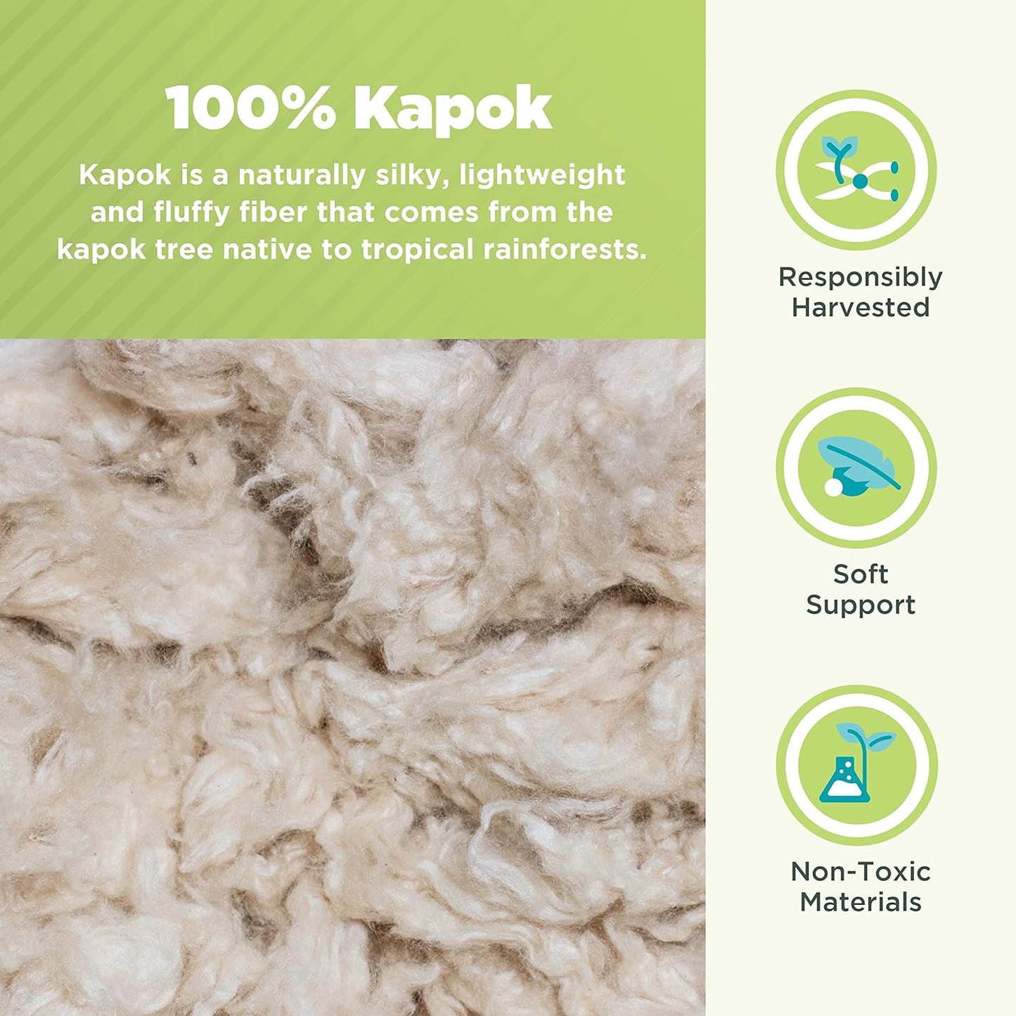 Bean Products Kapok 20" x 30" Queen Pillow - Breathable, Eco-Friendly and Durable Organic Cotton Fabric Bed Pillow - Soft and Supportive Pillow for Sleeping, Made in The USA