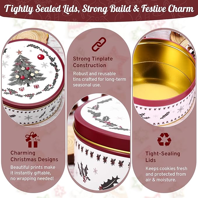 3 Pack Christmas Cookie Tins with 10 Baking Papers, Reusable Nesting Round Metal Cookie Containers with Airtight Lids for Treat Storage & Holiday Gift Giving (Large, Medium, Small)