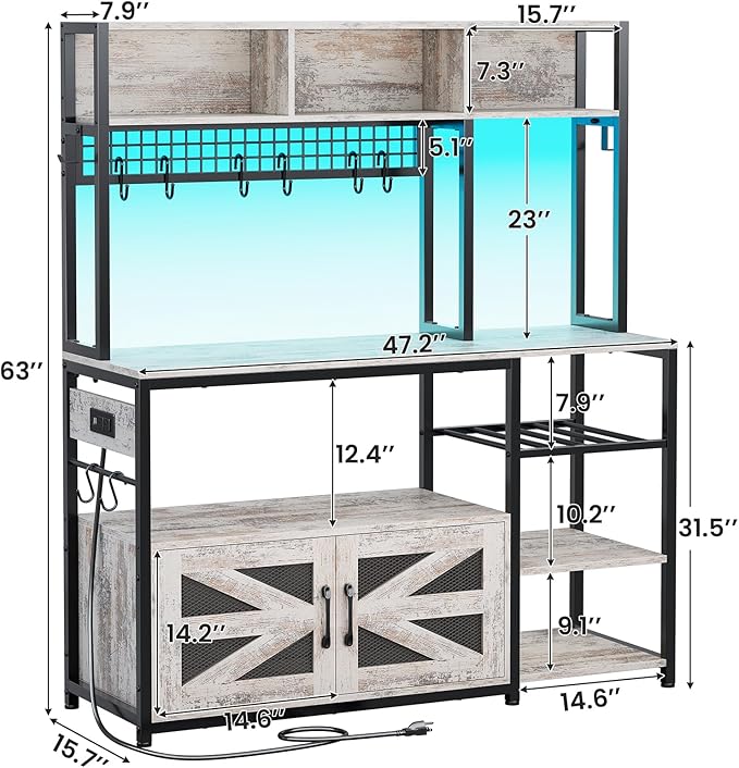 Itaar 47.2 Inch Bakers Rack with Power Outlet, Microwave Stand with Storage, Farmhouse Coffee Bar Cabinet Station with Wine Rack, Iron Grid and 8-S Hooks, Vintage White