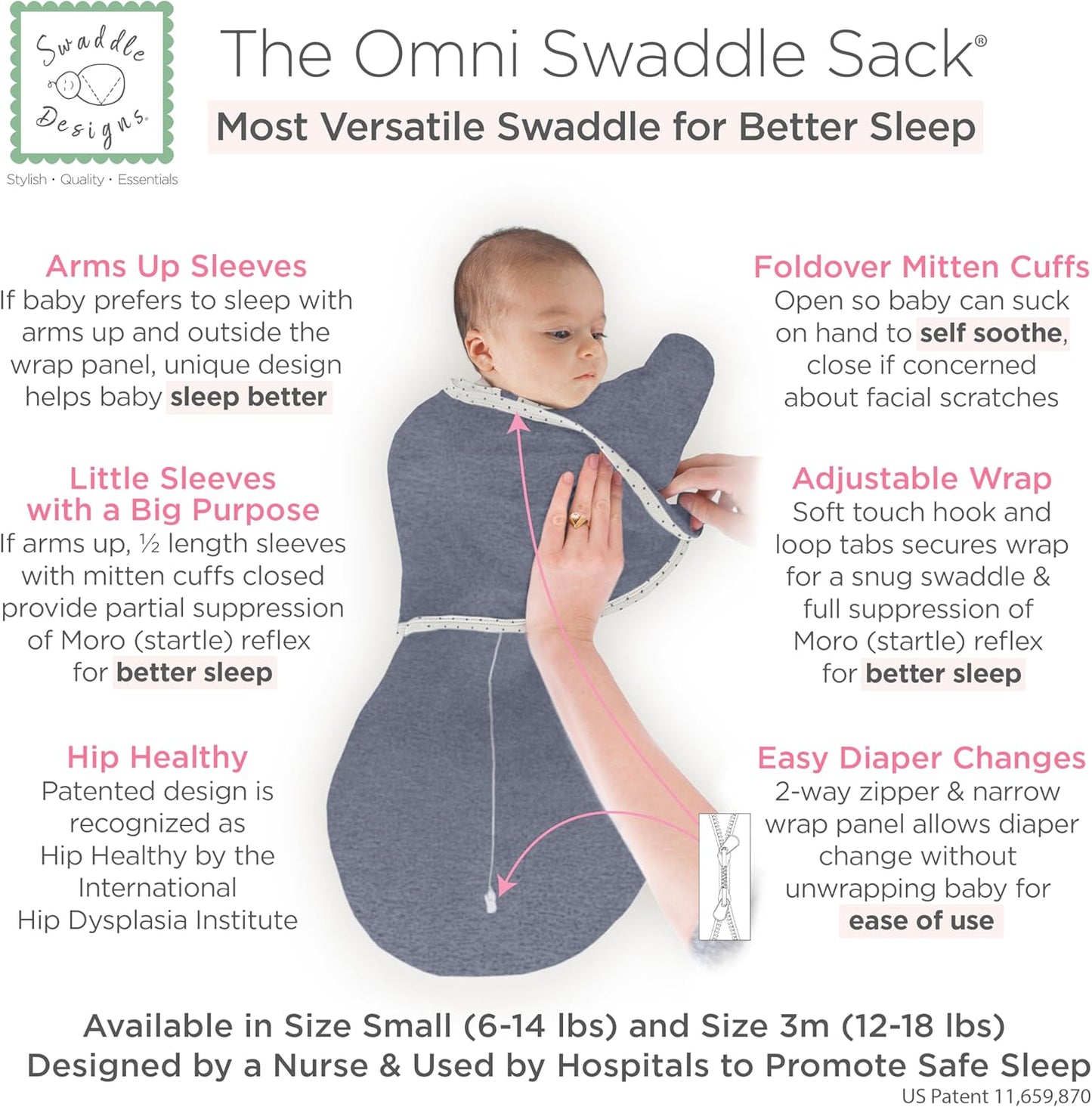 SwaddleDesigns 6-Way Omni Swaddle Sack Arms Up Swaddle for Newborn, More Options to Calm Startle Reflex, Improves Sleep