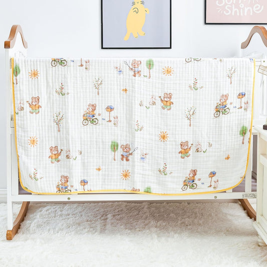 Luxury Muslin Baby Blanket, Cozy Swaddle, 6-Layer Cotton Receiving Blanket for Newborn Infant, 43x43 Inch Lightweight Breathable Crib Blanket, Nursery Stroller Toddler Quilt, Bear Print