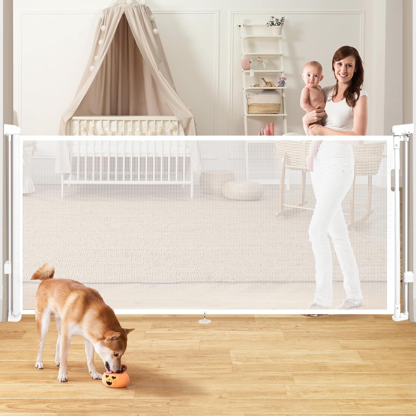 Retractable Baby Gates Dog Gate for Stairs, 55" Wide Mesh Baby Gate Pet Gate for The House, 34" Tall Child Safety Gates for Doorways, Hallways, Deck, Porch, Indoor, Outdoor